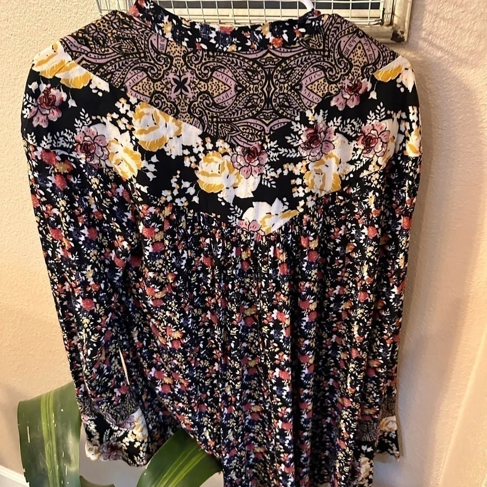 FREE People Wildflower Fields Tunic Top Dress Black Floral Bell Sleeve Buttons